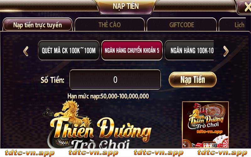 Cách nạp tiền TDTC chơi game đổi thưởng online
